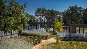Un bâtiment moderne avec un chemin menant à un espace aménagé avec des sièges, entouré de verdure et d’arbres.