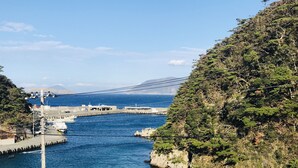 Una zona costiera con un molo che si protende nell'acqua, circondata da rigogliosa vegetazione e colline.