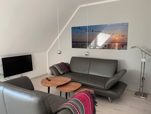 TV, fireplace - Bird migration, holiday apartment in "De Feerjenhusen" on the Haubarg of Vollerwiek (Vollerwiek)