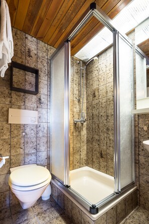 A bathroom with a shower enclosure, a toilet, and a sink. - Haus Stüttler Duchscherer (Schruns)