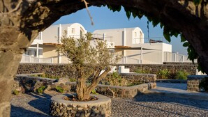 Un bâtiment blanc avec un mur en pierre et un arbre au premier plan.