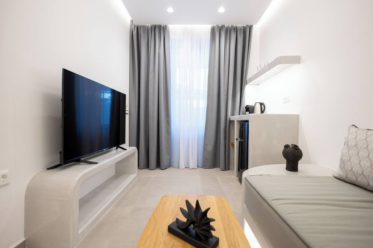 Une chambre d’hôtel moderne équipée d’un téléviseur à écran plat, d’un canapé, d’une table basse et d’un coin cuisine.