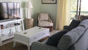 A living room with a sofa, a television, a lamp, and a chair. - Gorgeous Riverfront Fishing Cottage in Sebastian, FL - Summer 2026 Specials (Micco)