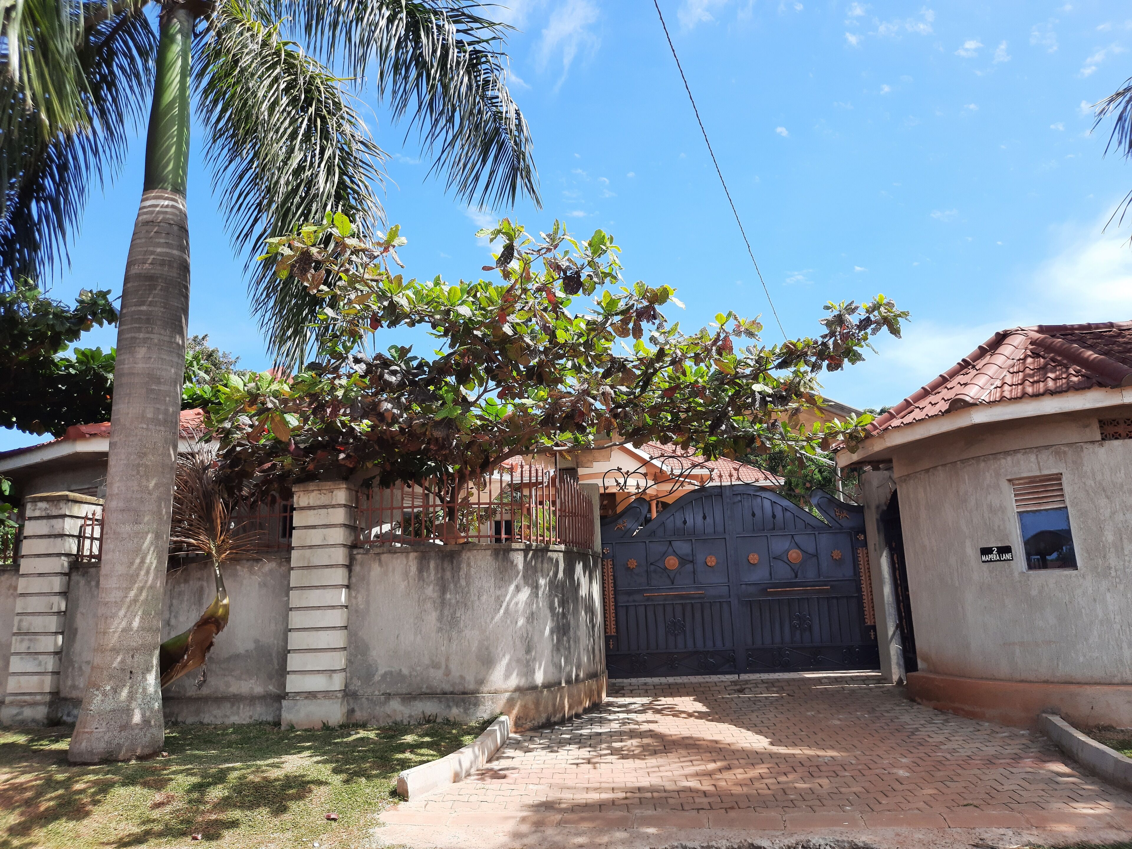 A gated residential area with a paved driveway, palm trees, and a house with a tiled roof.