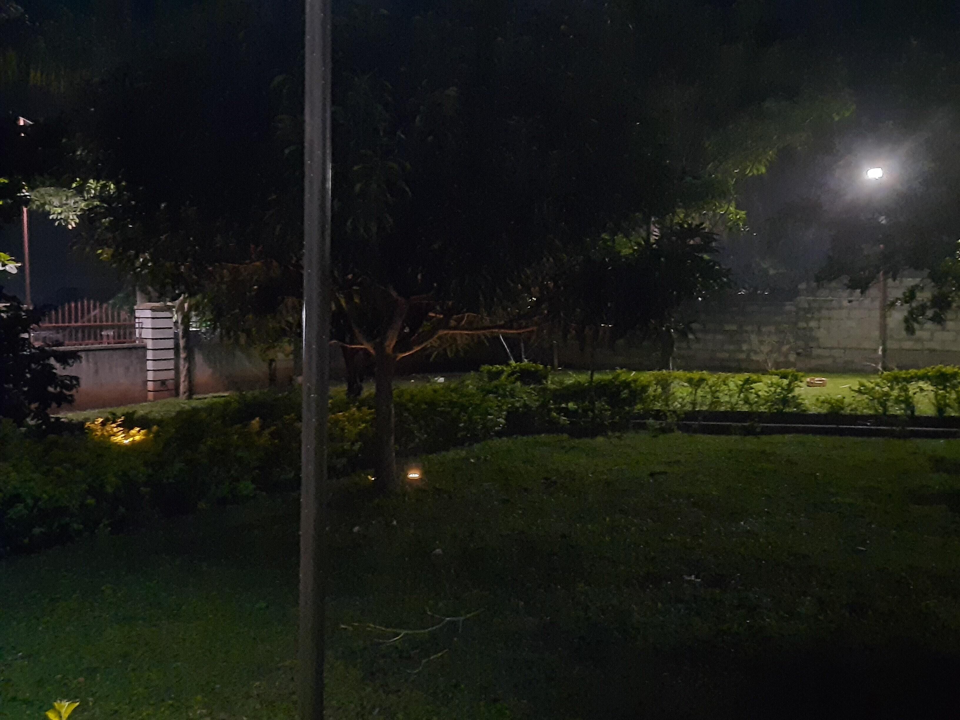 A nighttime outdoor area with a well-maintained lawn, a street lamp, and a fence.