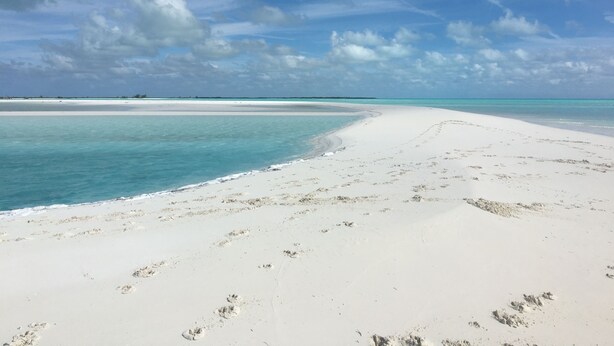 A wide sandy beach with clear turquoise waters and a distant horizon.
