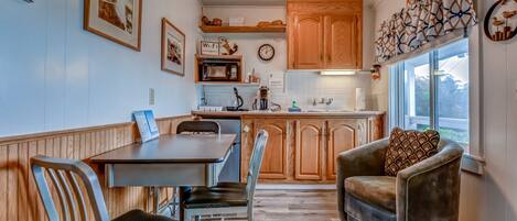 Fridge, microwave, coffee/tea maker, toaster