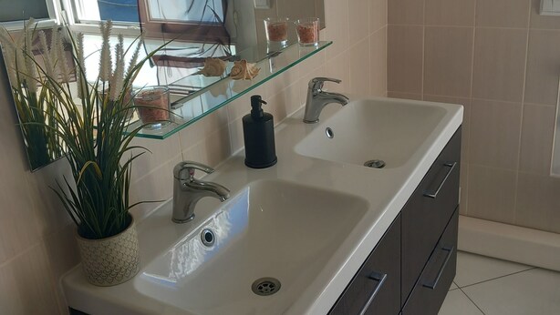 A bathroom with a double sink, a mirror above the sink, a potted plant, and a window with curtains. - EXCLUSIVE House 100 m2 private parking / garden / 6-8 persons (Liévin)