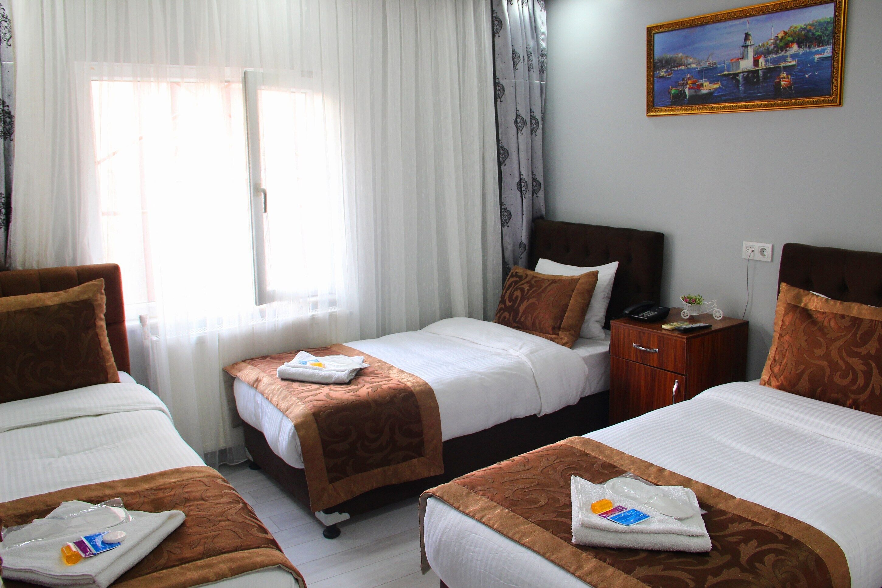 A hotel room with three beds, a window with sheer curtains, a painting on the wall, and a bedside table with a phone and a small plant.