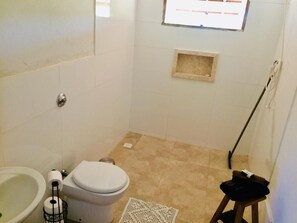 Combined shower/bathtub, hair dryer, towels, soap