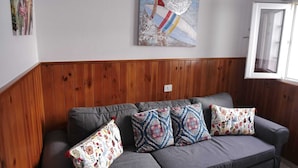 Un canapé gris agrémenté de coussins à motifs, un mur recouvert de panneaux en bois et un tableau représentant un surfeur.