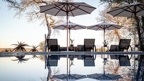 A poolside area with umbrellas, lounge chairs, and potted plants. - Tomo Safari Lodge (Hoedspruit)