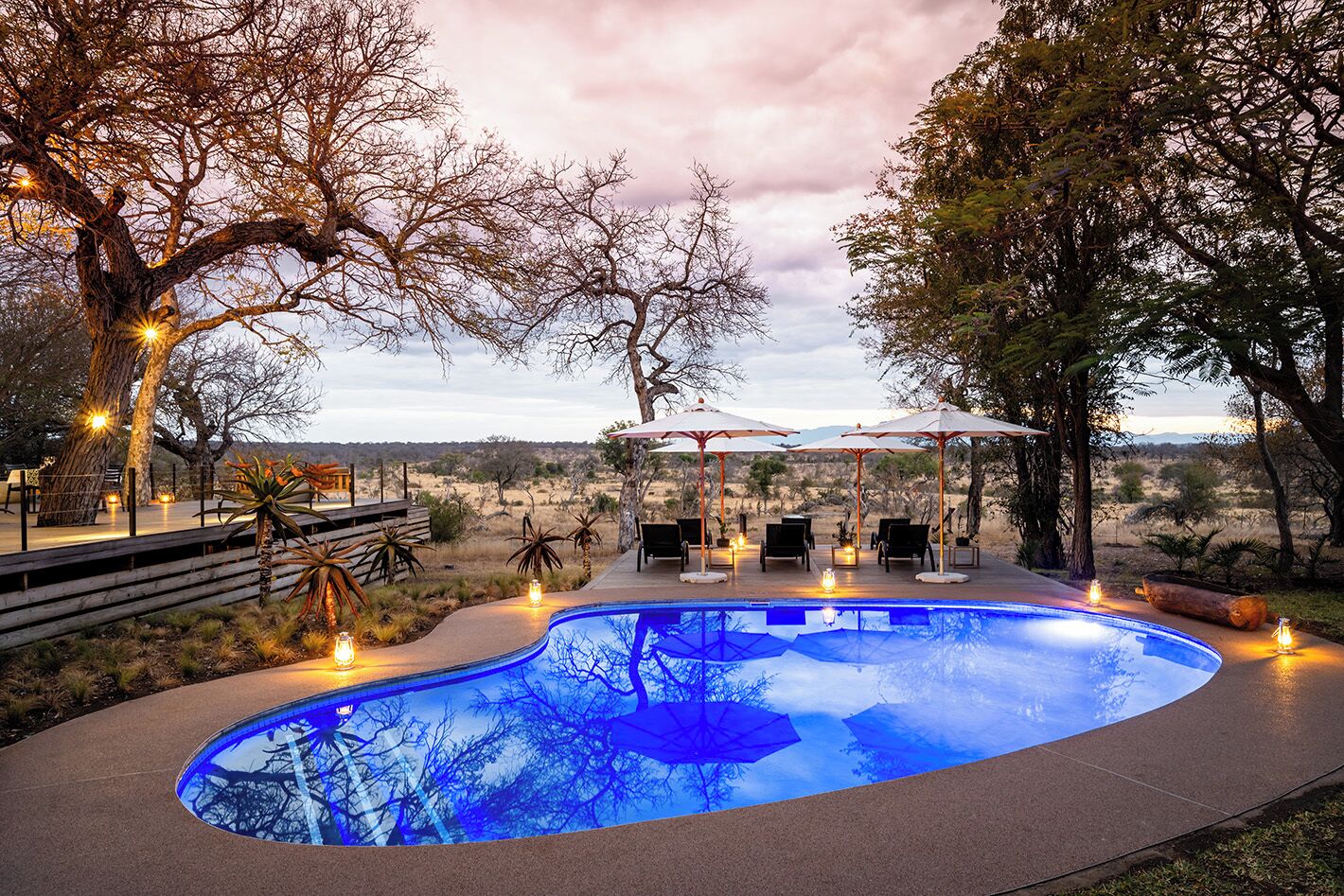 Outdoor pool, pool umbrellas, pool loungers