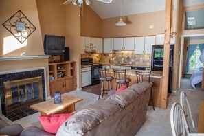 TV, fireplace, DVD player, video library