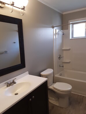 Combined shower/bathtub, hair dryer, towels, soap