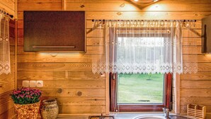 Interior de una cabaña de madera con estufa a gas, lavamanos, cortina de encaje en la ventana y vistas al exterior.