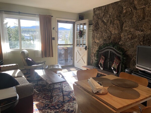 Smart TV, fireplace, DVD player, books