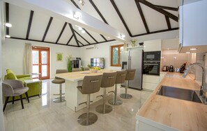 Fridge, stovetop, dishwasher, coffee/tea maker