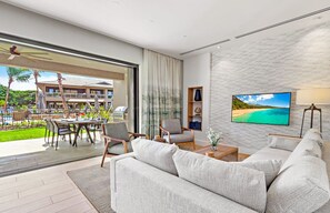 TV, fireplace, stereo - Maui Resort Rentals: Luana Garden Villas 5A – Modern 3BR Villa at Kaanapali’s Newest Luxury Residences! (Lahaina)