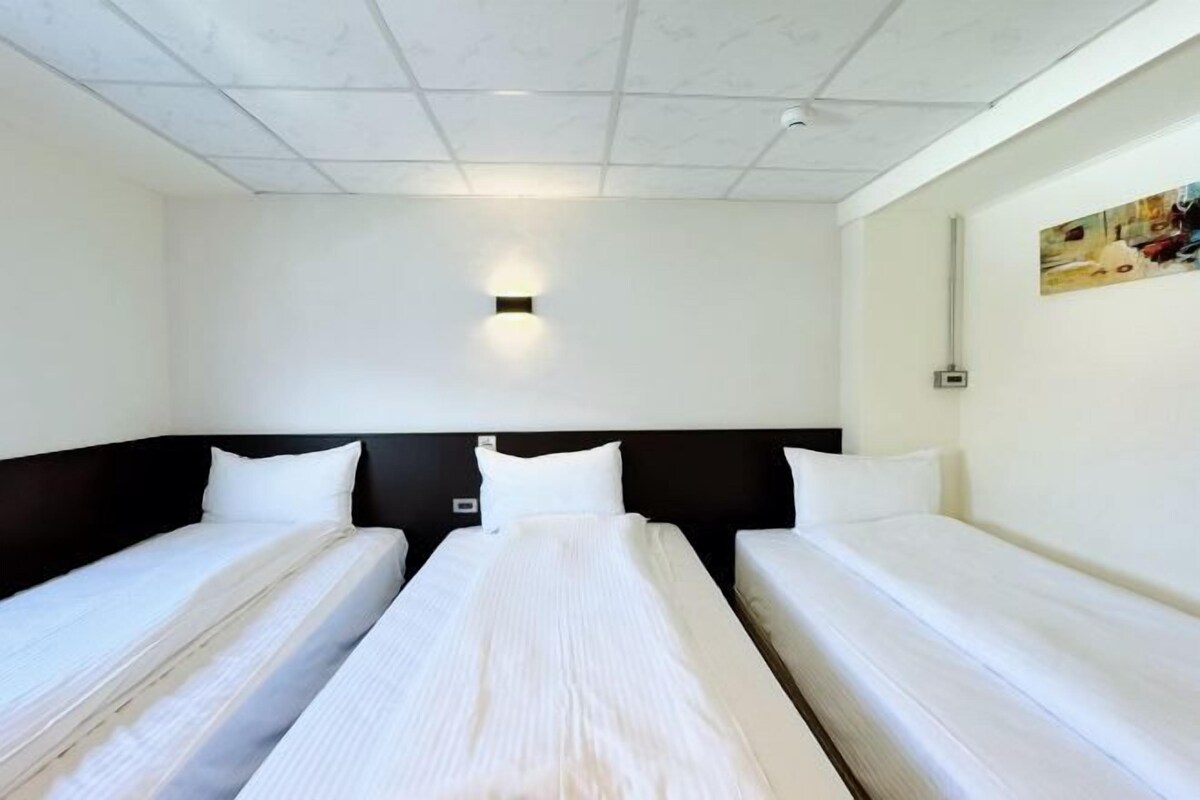 Habitación de hotel con dos camas individuales, cabecera oscura, una lámpara pequeña de pared y un cuadro en la pared.