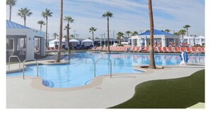 A swimming pool area with lounge chairs and palm trees.