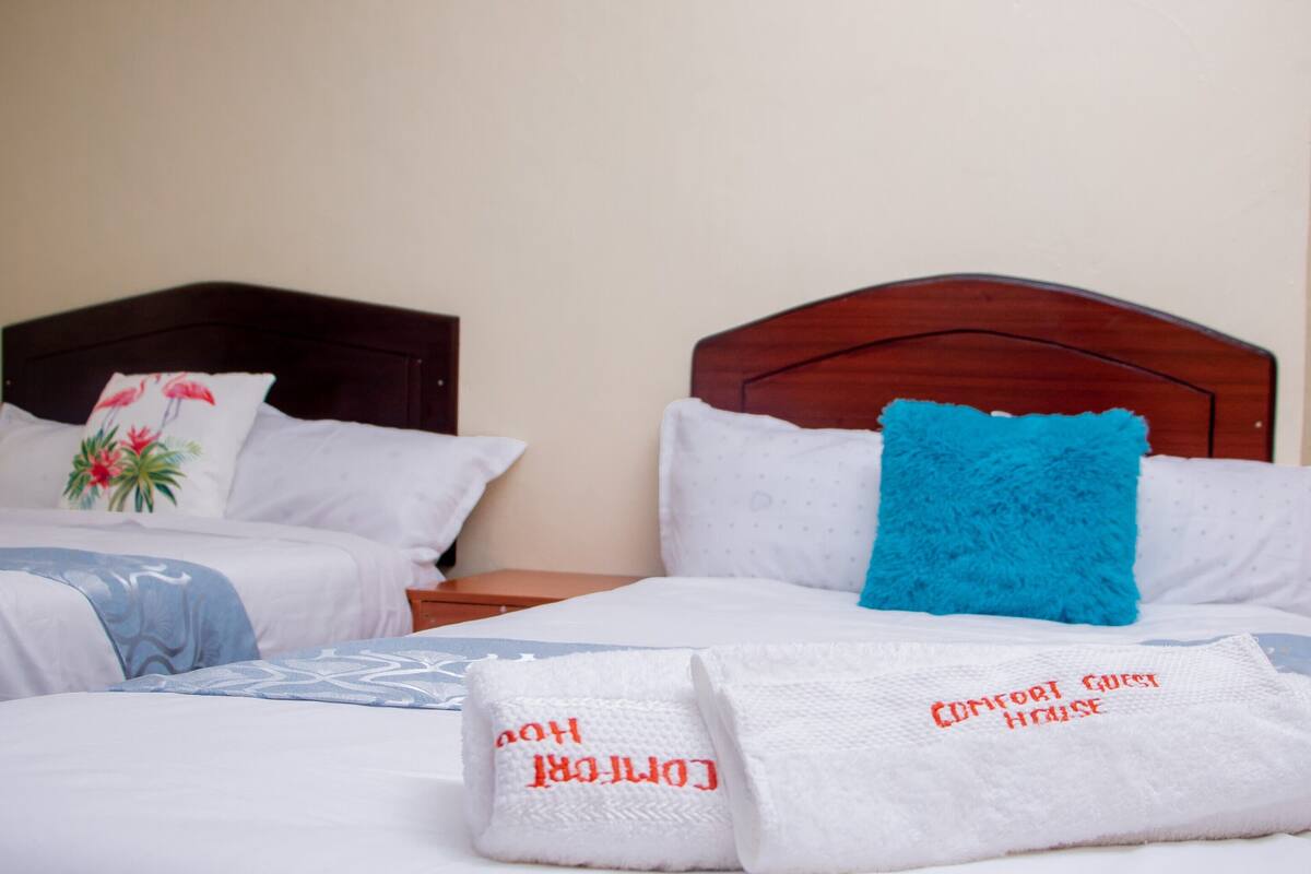 Two single beds with wooden headboards, white bedding, and a blue throw pillow.