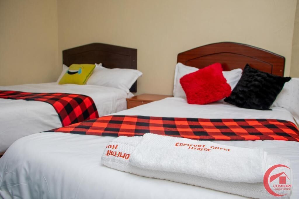 A hotel room with two beds, each with a checkered blanket and a pillow. There is a wooden headboard on one bed and a nightstand with a lamp.