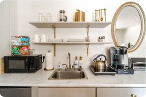 Fridge, microwave, coffee/tea maker, electric kettle