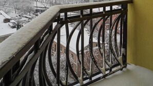Un balcon doté d’une rambarde en métal, d’où l’on peut admirer un paysage urbain enneigé, avec des bâtiments et des arbres sans feuilles.