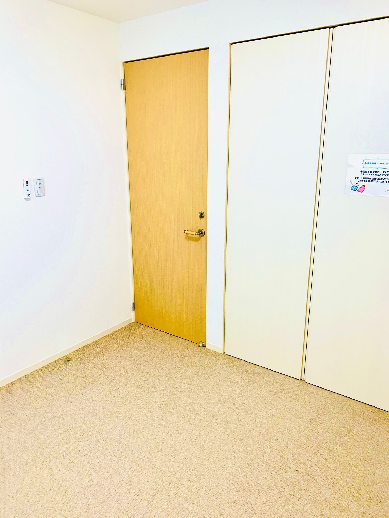 A room with a wooden door, a white wall, and a carpeted floor.