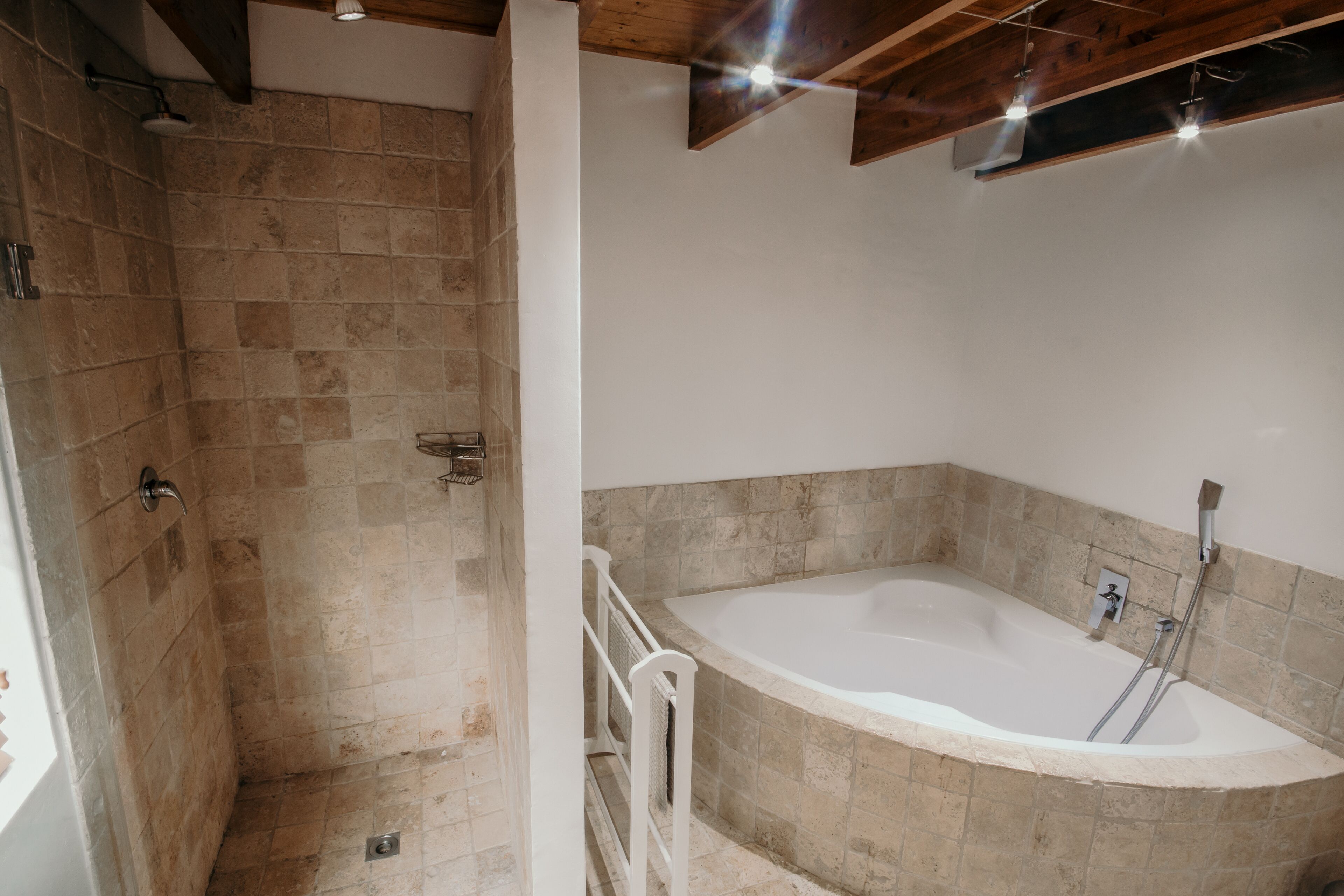 Une salle de bain moderne avec une douche à l’italienne et une baignoire sur pieds.