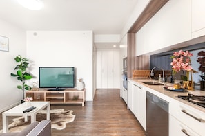 Apartamento City, 1 habitación | Cocina privada | Frigorífico grande, microondas, horno y placa de cocina