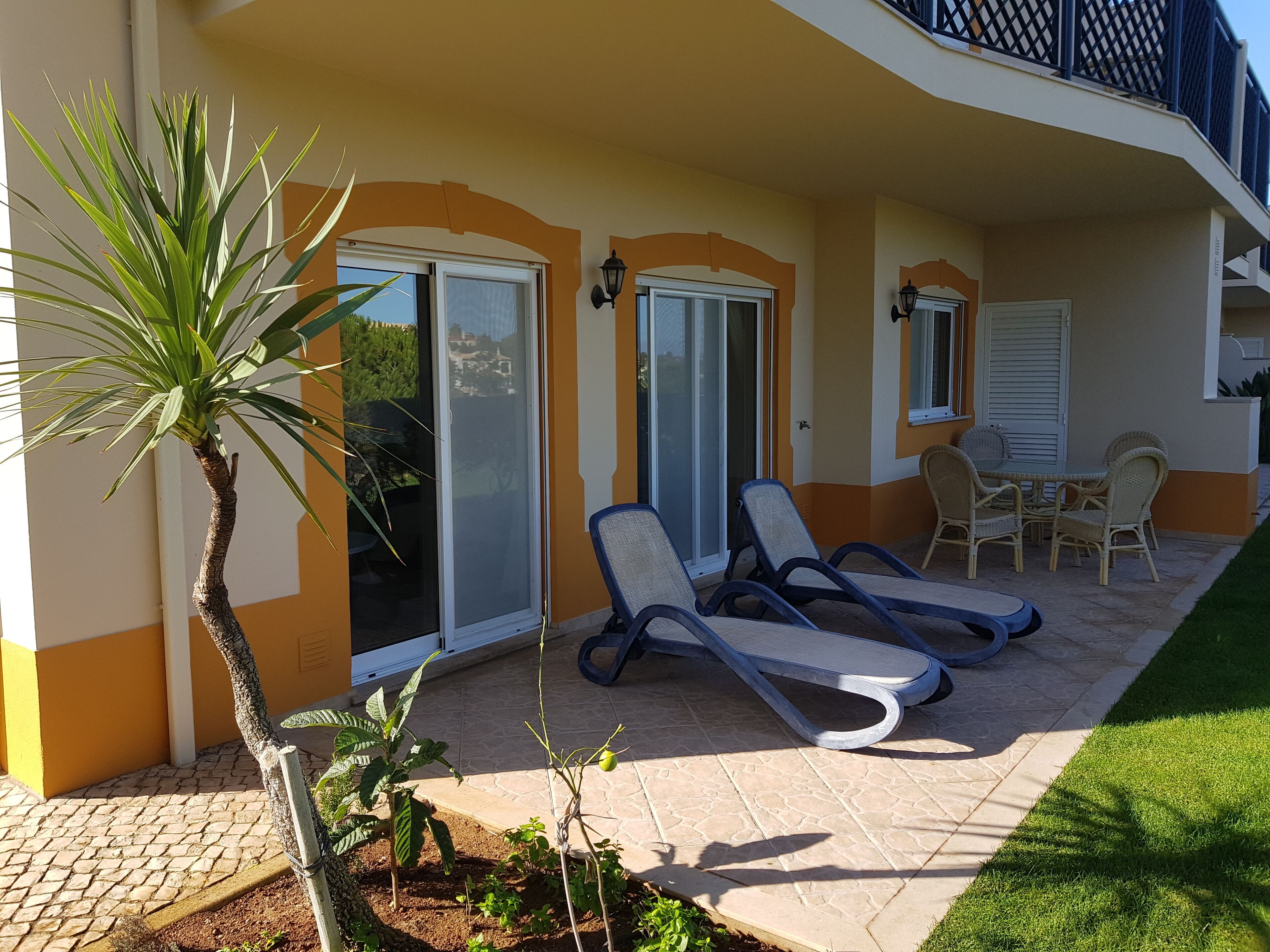 A balcony with a palm tree, a table with chairs, and a sliding glass door.