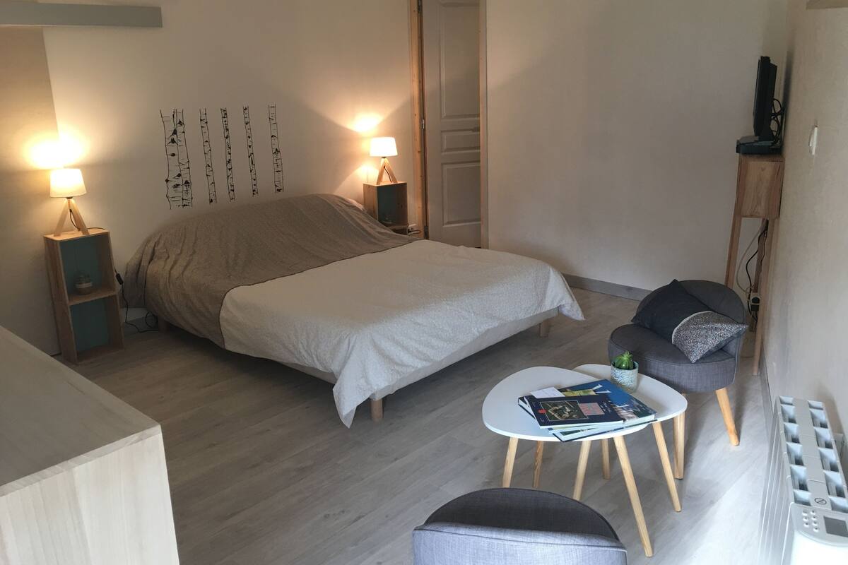 A bedroom with a bed, bedside lamps, a small table with books, a chair, and a radiator.