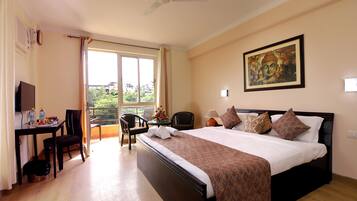 Egyptian cotton sheets, premium bedding, down duvets, laptop workspace