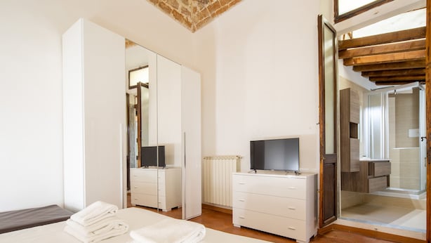 Een moderne slaapkamer met een bed, een televisie op een dressoir, een spiegel en een inloopkast.