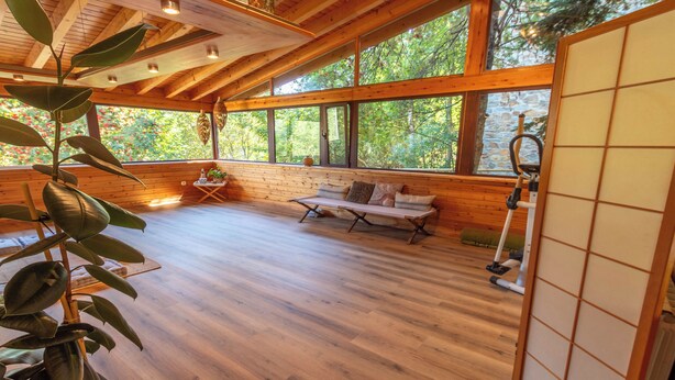 A spacious room with wooden floors, a bench, and large windows offering a view of trees.