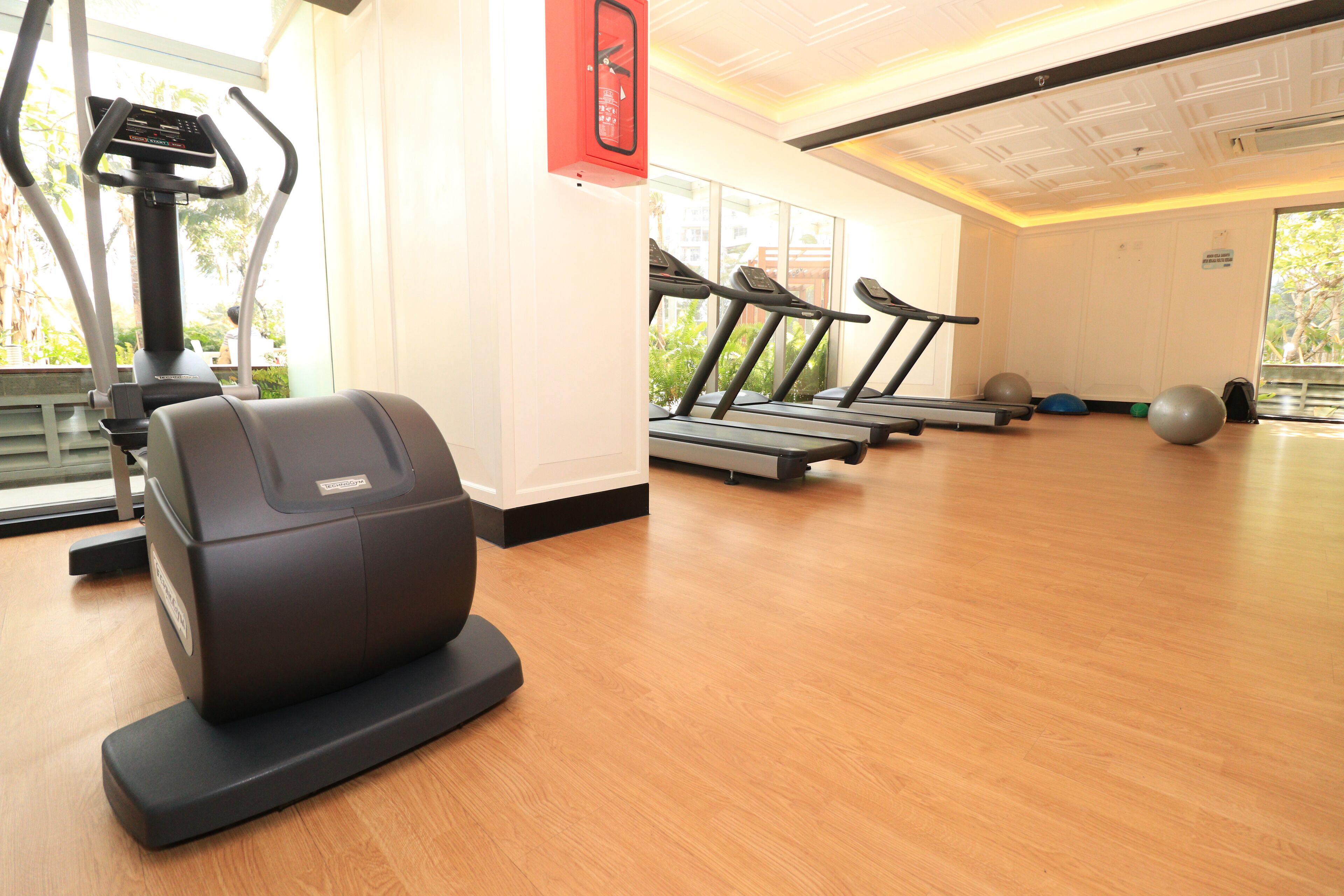 A gym with treadmills, a stationary bike, and exercise balls.