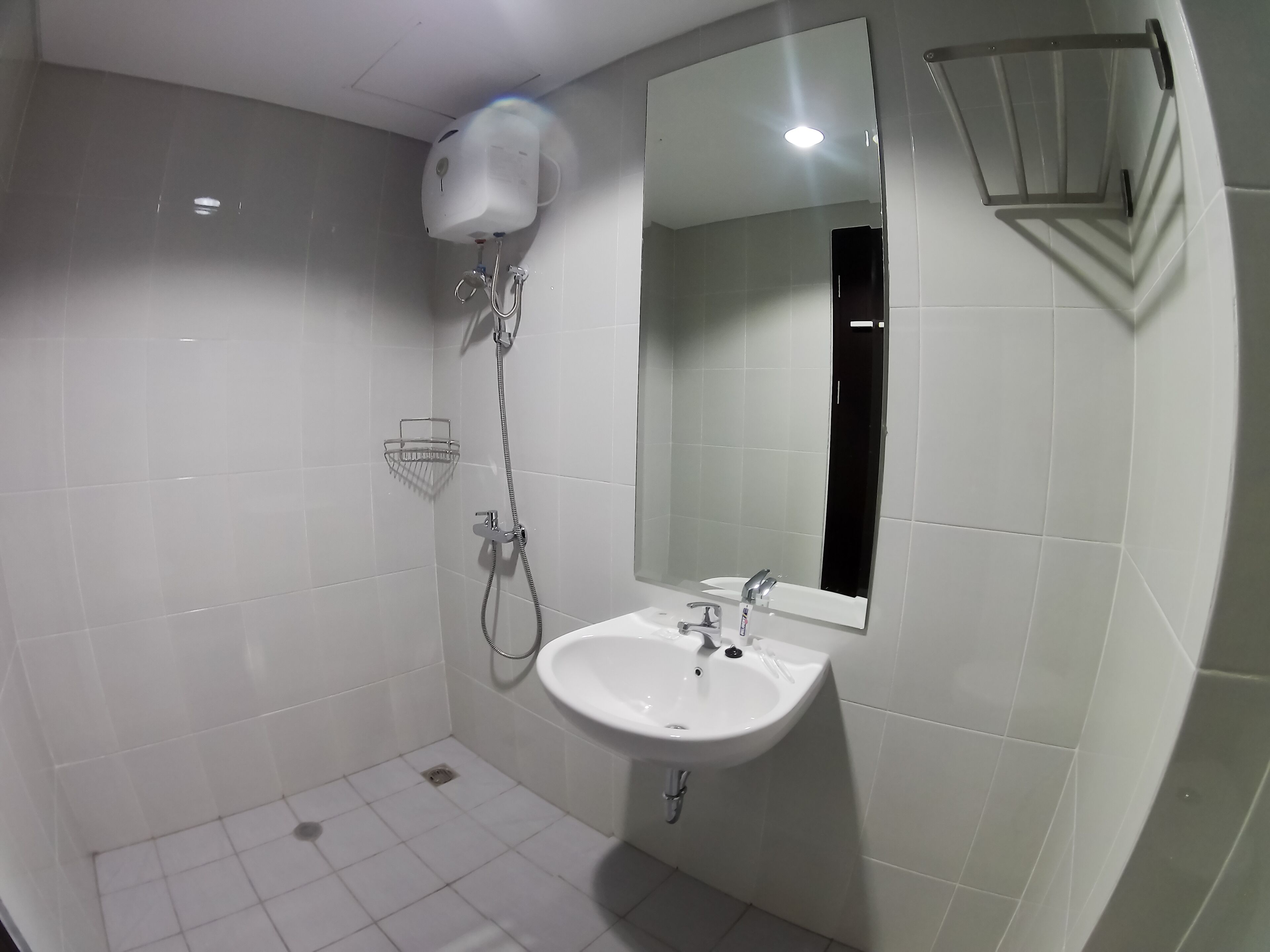 A bathroom with a white sink, a mirror, and a shower head.