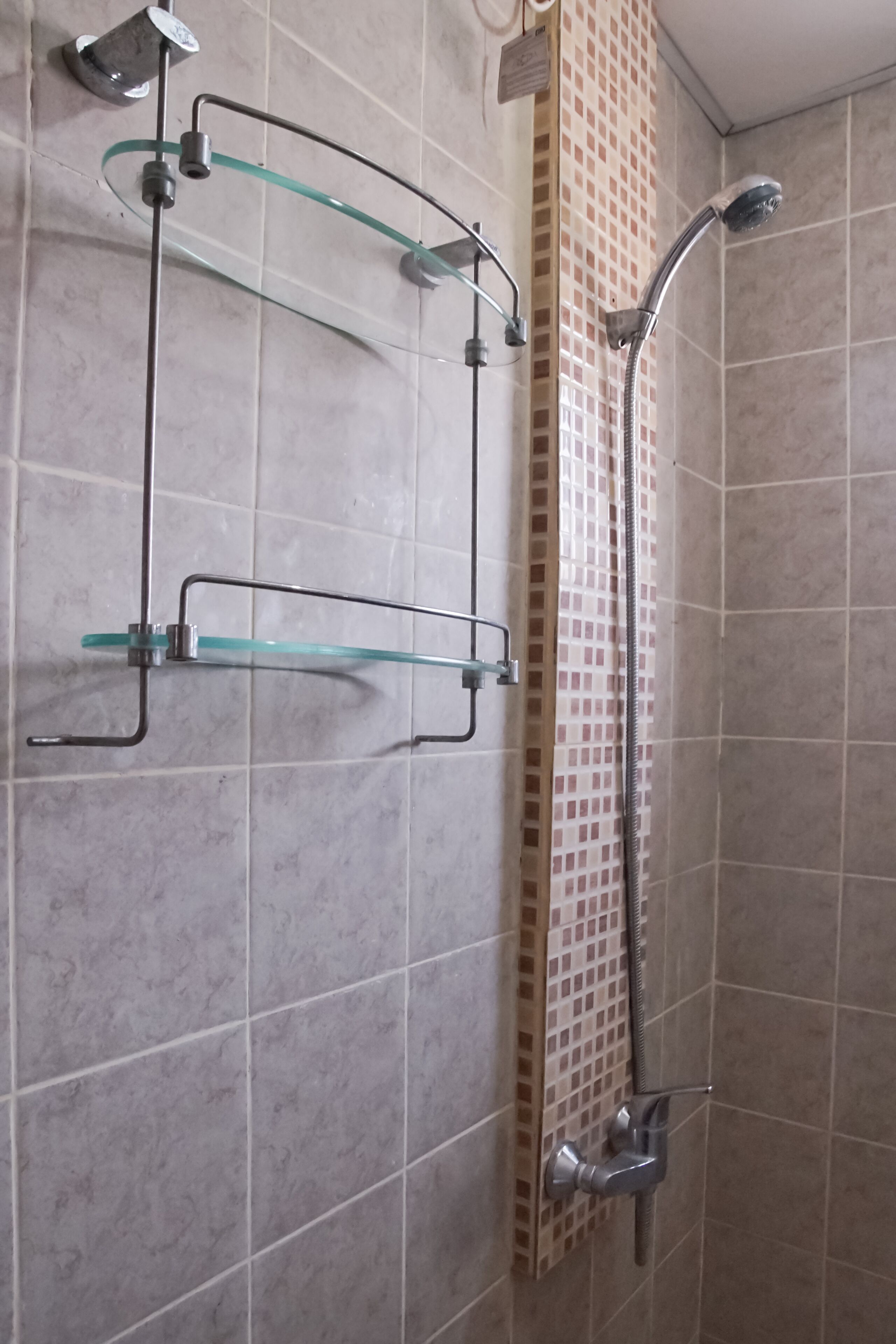 Ein Badezimmer mit Duschkabine aus Glas, Handbrause und am Wand montiertem Wasserhahn.