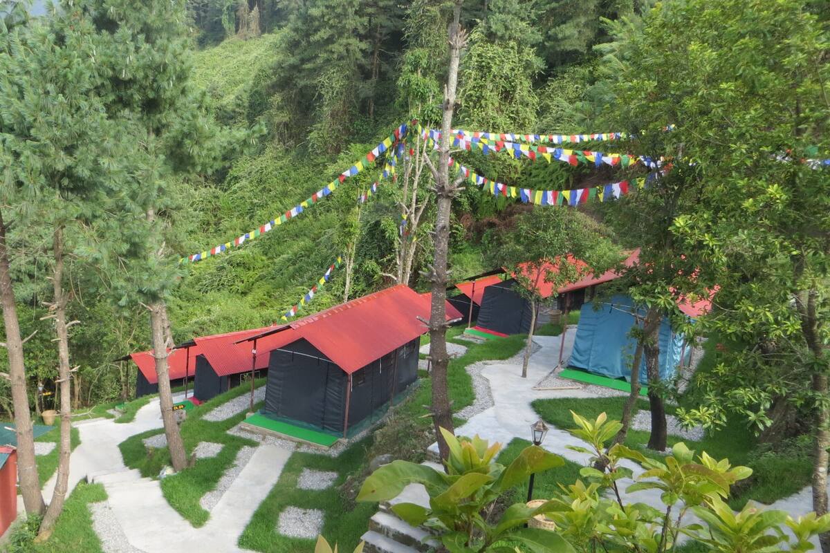 A campsite with tents and a pathway.