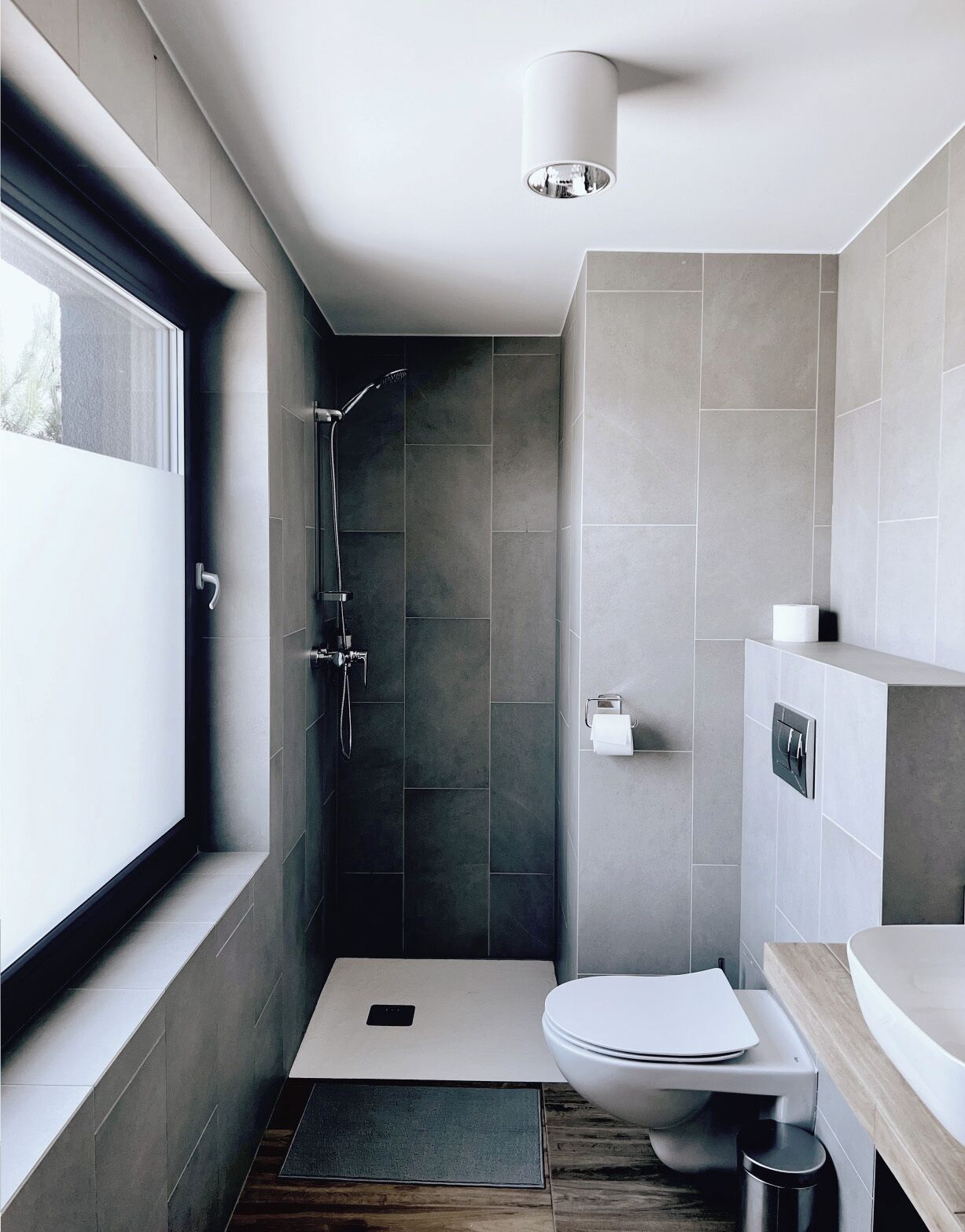 A modern bathroom with a shower, toilet, and sink.