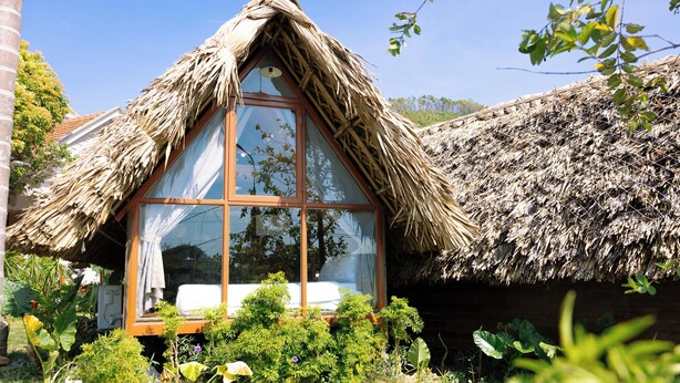 A thatched-roof cottage with a large window and a garden in front. - JoyStay - Hostel (Hai Phong)