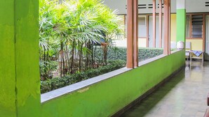 A corridor with a green wall, a window with plants, and a tiled floor.
