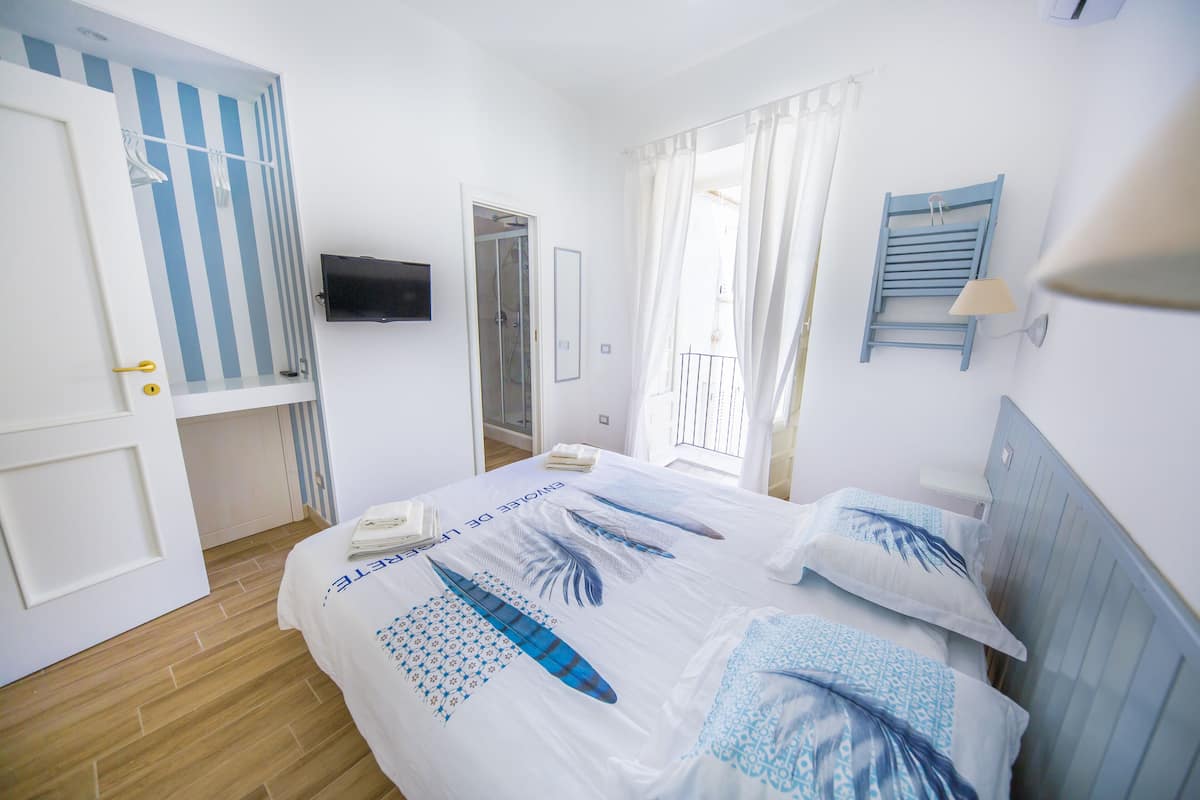 Un dormitorio con cama, ducha, televisor y ventana con cortinas.