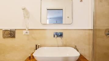 Shower, hair dryer, bidet, towels