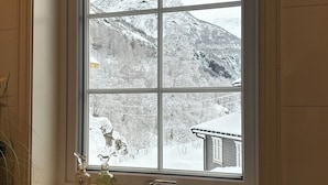 Ein Fenster mit Blick auf eine verschneite Berglandschaft.