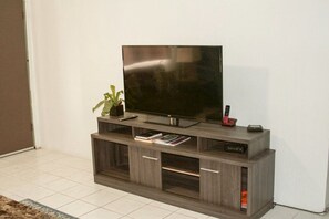 A modern entertainment unit with a flat-screen TV, a remote control, and a small plant.
