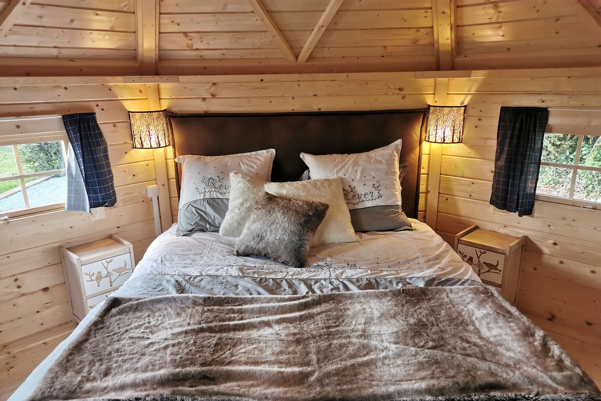 A wooden cabin bedroom with a bed, pillows, and nightstands.