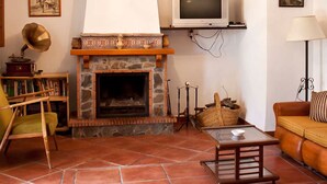 Un salon avec une cheminée en pierre, un téléviseur fixé au-dessus, un fauteuil en bois, un canapé et une table sur laquelle se trouve un saladier.